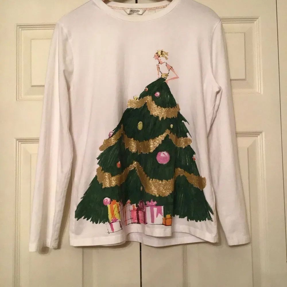 Vintage Liz Claiborne White Holiday Tree Long Sleeve Tee